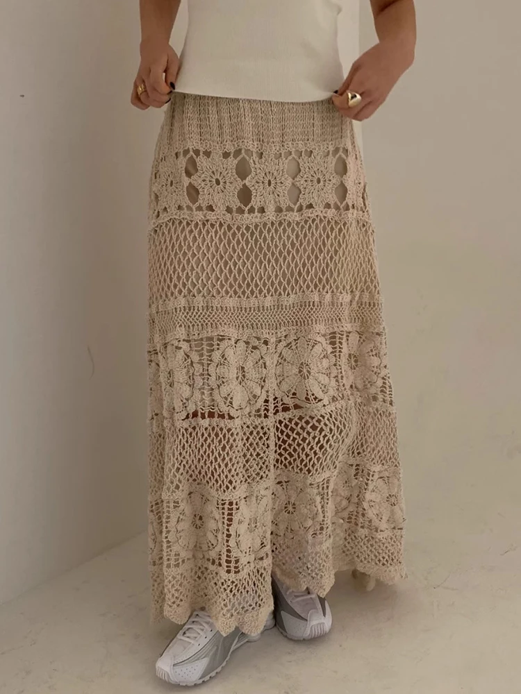 Liangliang Heavy Industry Hollow out Embroidery A-Line  Skirt Women's Spring New Vintage Holiday High Waist Knitted Long ...