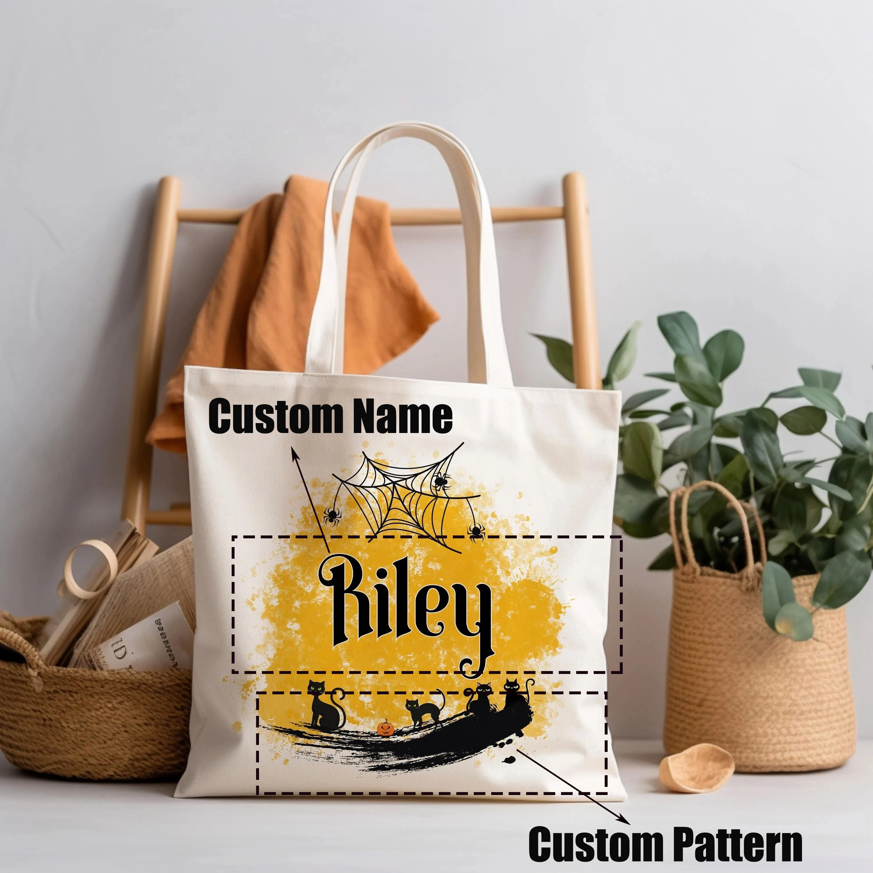 

Personalized Halloween Canvas Bag Custom Pattern Text Halloween Gift Trick or Treat Bag Halloween Decoration Kids Gift Tote Bag
