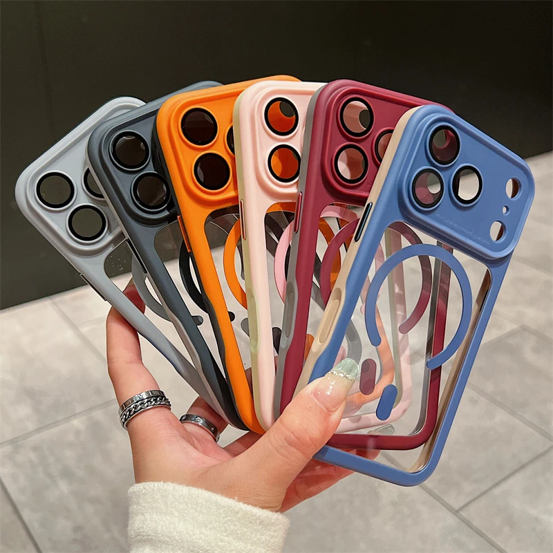 Luxury Shockproof Bumper Lens Protector Case For iPhone 17 16 14 15 Plus 13 12 Pro Max For Magsafe Clear Acrylic Magnetic Cover