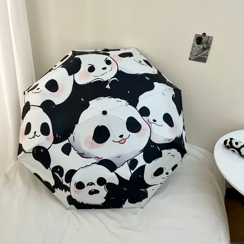 

Ladies' Automatic Umbrella Cartoon Panda Automatic Folding Travel Umbrella Black Coating Sunscreen Girls' Travel Umbrella