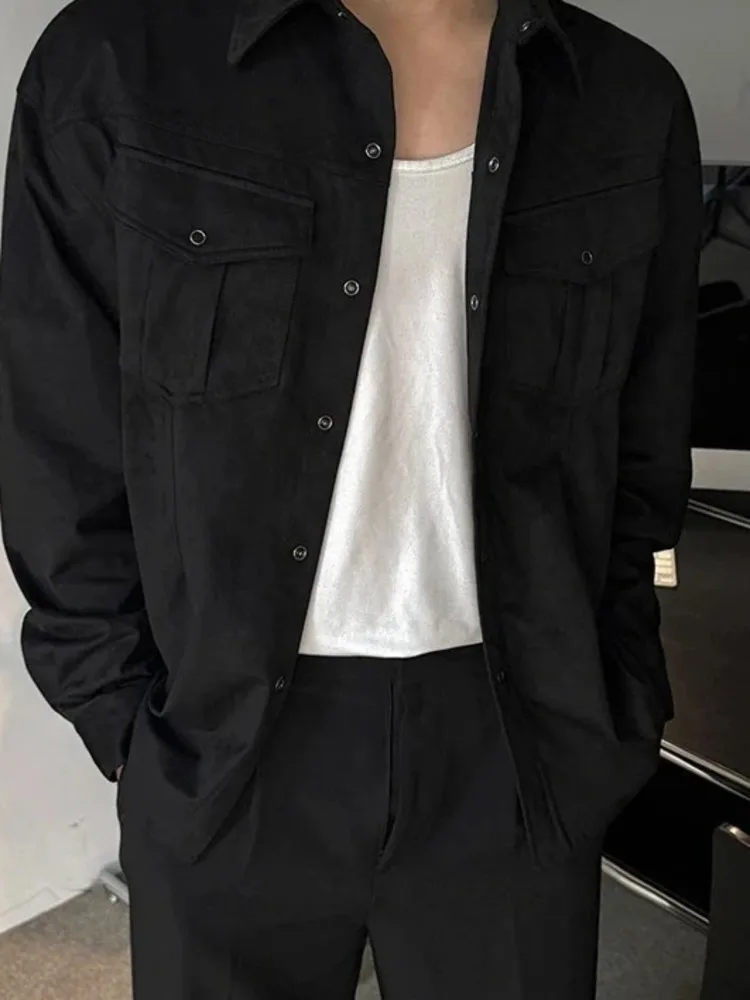 Black High End Suede Texture Shirt Men Classic Collar Dual Chest Pockets Long Sleeve Vintage Chic Casual Top Fashion B55O