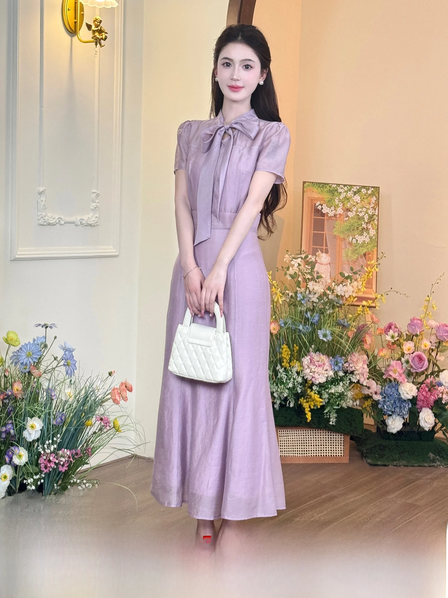 

LILI Korean Sle Knot Fake Two-Piece Dr Women's Summer Purple Lyocell Fi Tail Skirt High Waist A-Line Dr