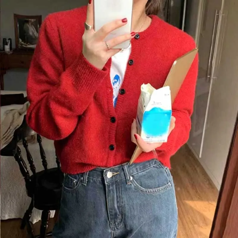 Long Sleeve Knitted Cardigan Women Sweater Elegant Winter Fashion Casual Simple Knitted Jackets O Neck Loose Round Neck Tops