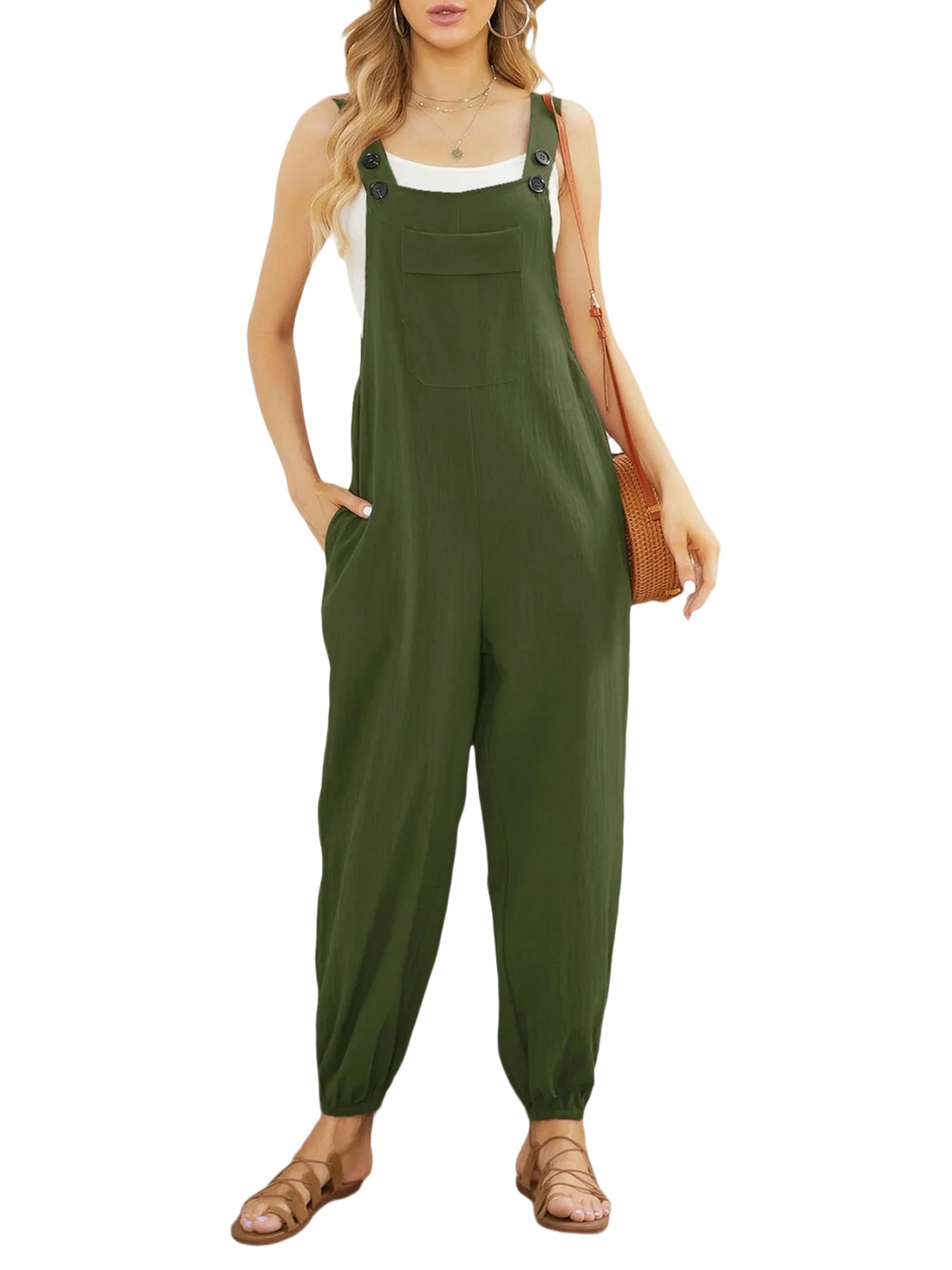 Women Jumpsuit Elegant Sleeveless Solid Long Pants with Pockets for Casual Daily