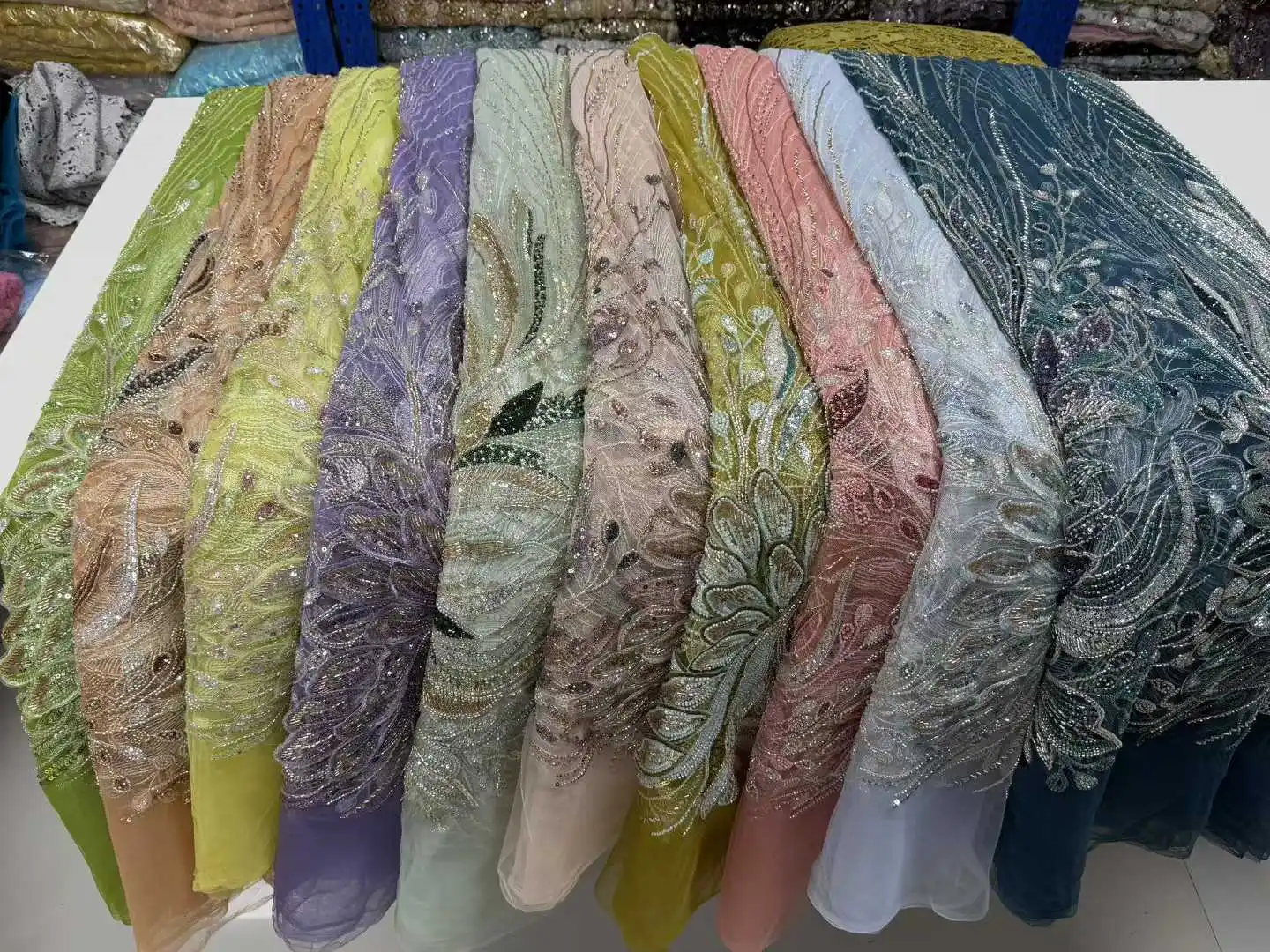 2026 Fashion African Beaded Lace Fabric 5 Yards French Sequined Embroidered Mesh Lace Fabric Women's Wedding Party Dress