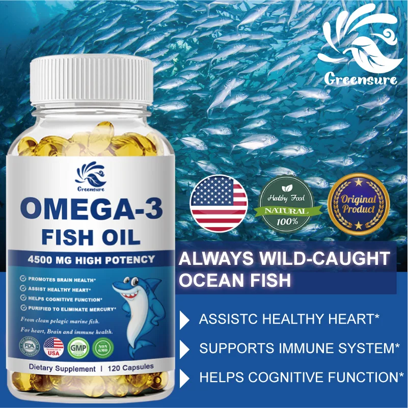 

Greensure Fish Oil Omega-3 Capsules Support Brain Nervous System Good Cardiovascular&Anti-Inflammation & Skin Health Antioxidant