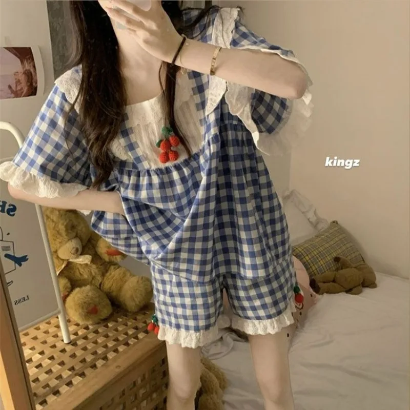 Plaid Sleepwear Women Pajama Sets Teenage Girls Pijama Shorts Suit Home Summer Korean Lace Night Wear for Sleeping 2 Pieces New