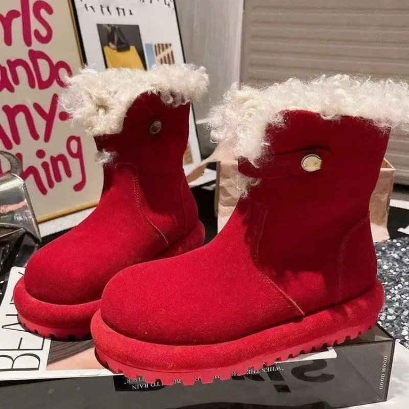 Non Slip Thick Bottom Lambswool Snow Boots 2026 Winter Thicken Warm Long Plush Ankle Boots Women Red Faux Suede Warm Botas Mujer
