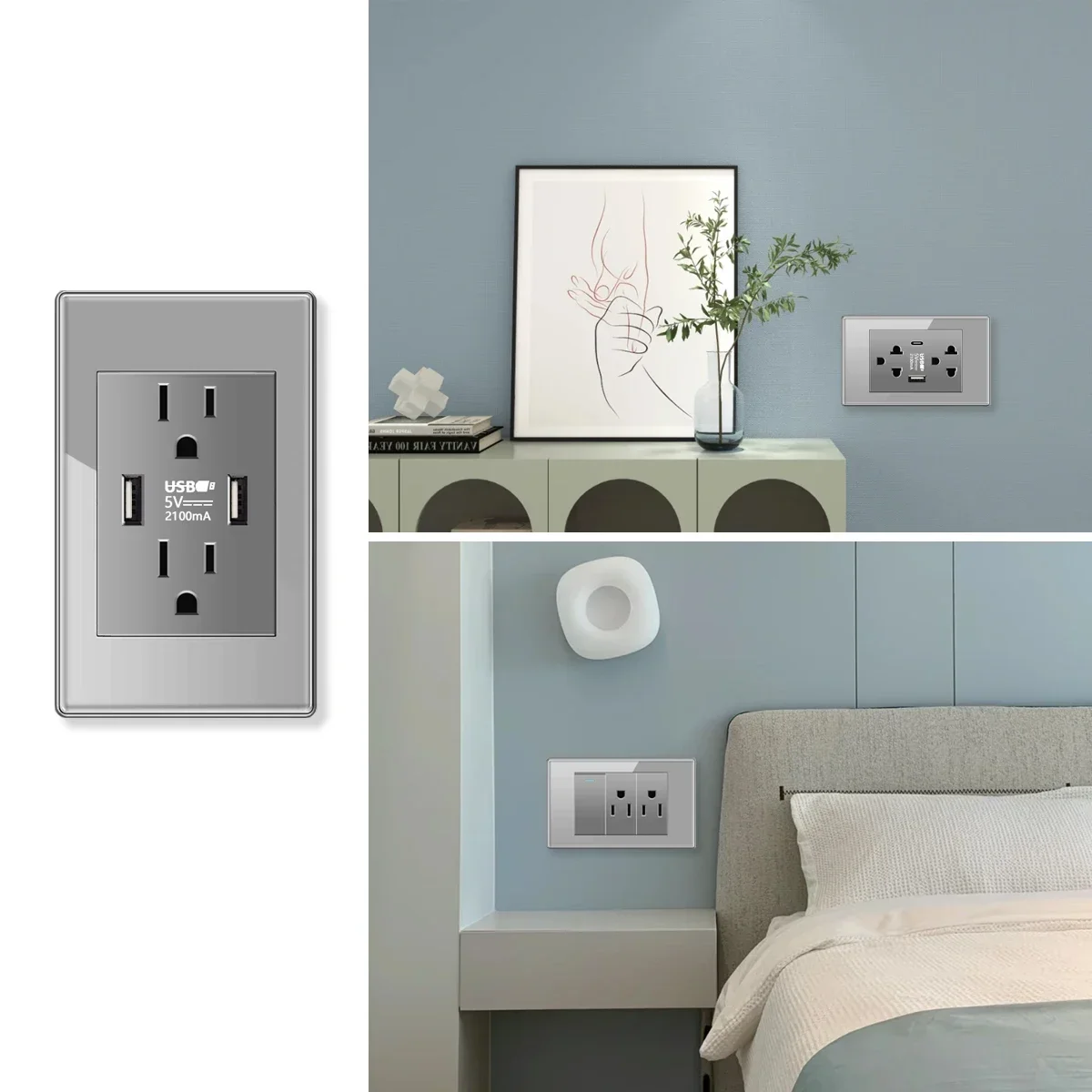 American Standard Grey Tempered Glass Usb Type-c Power Outlet,US Mexico Thai Double USB Socket Plug Wall 2way Light Switch Panel