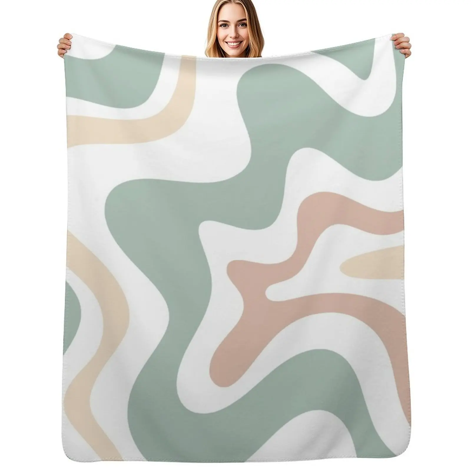 Liquid Swirl Retro Abstract in Light Sage Celadon Green, Light Blush, Cream, and White Throw Blanket Travel Blankets