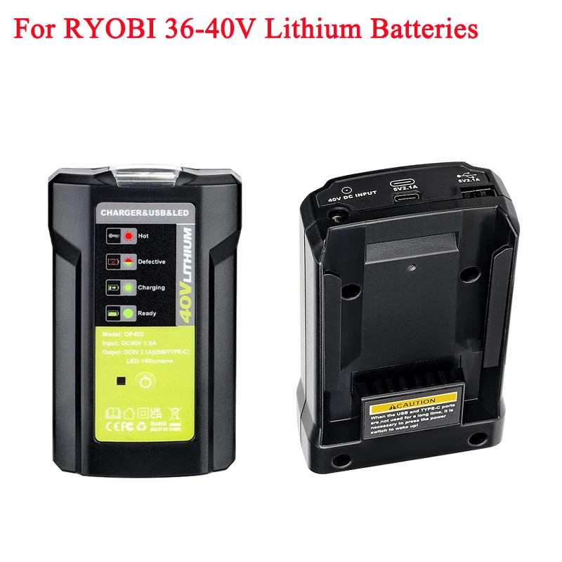 

OP403 Power Charger Charger Adapter Compatible with For Ryobi 40V Lithium Batteries Featuring USB Port and LED Indicator Light