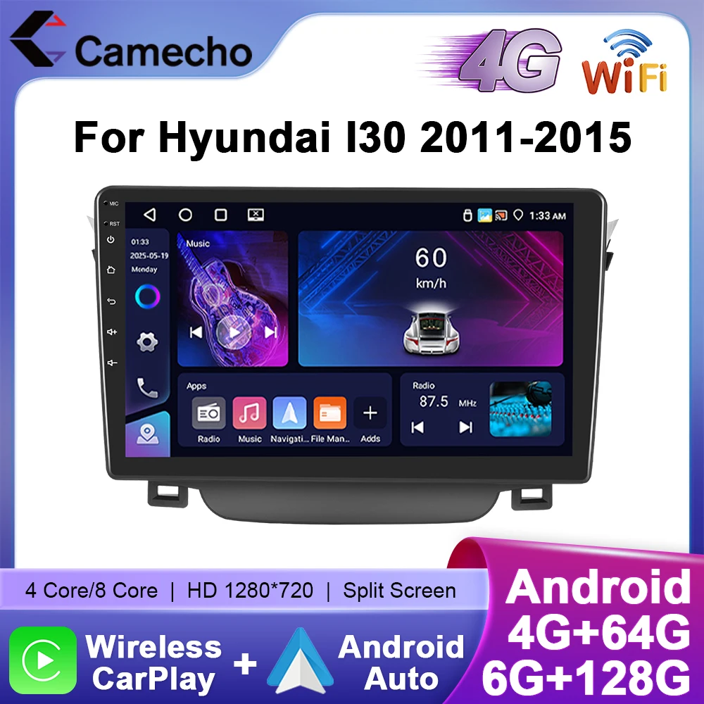 Camecho راديو السيارة لشركة هيونداي I30 2011-2015 اللاسلكية CarPlay أندرويد السيارات مشغل وسائط متعددة 6 + 128G 4G WIFI MirrorLink GPS ستيريو