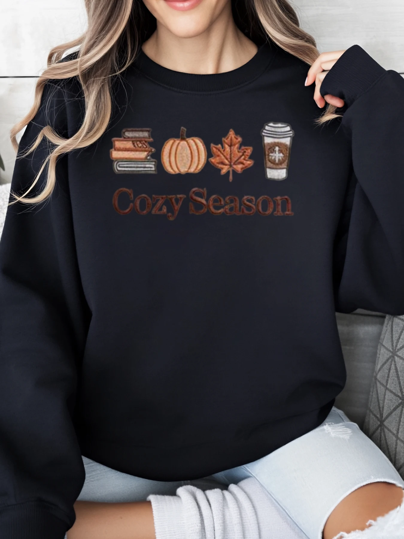 Pumpkin Books Leaf Coffee Cozy Season Print Sweatshirt Autumn Women Casual Wear Black Plus-Size