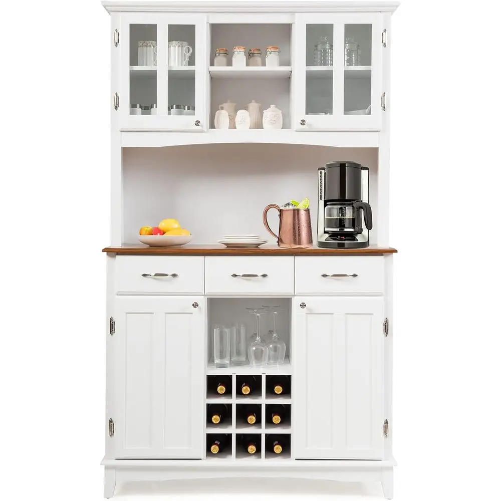 

Белый кухонный шкаф-буфет с 4 дверцами, 3 ящиками, 5 полками и 9 винными решетками, 44x17x72.5