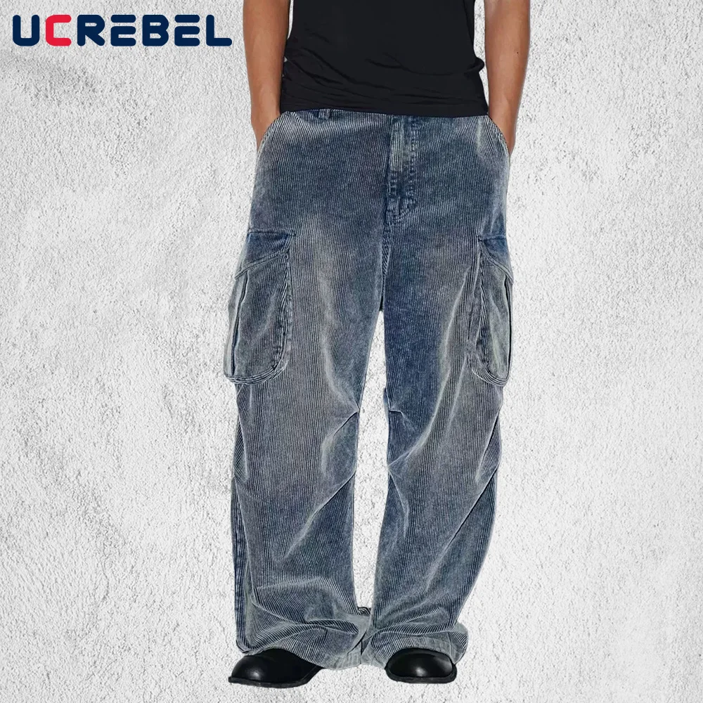 

Multi-Pocket Corduroy Cargo Pants Mens Retro High Street Autumn Winter Straight Baggy Wide Leg Casual Trousers Man