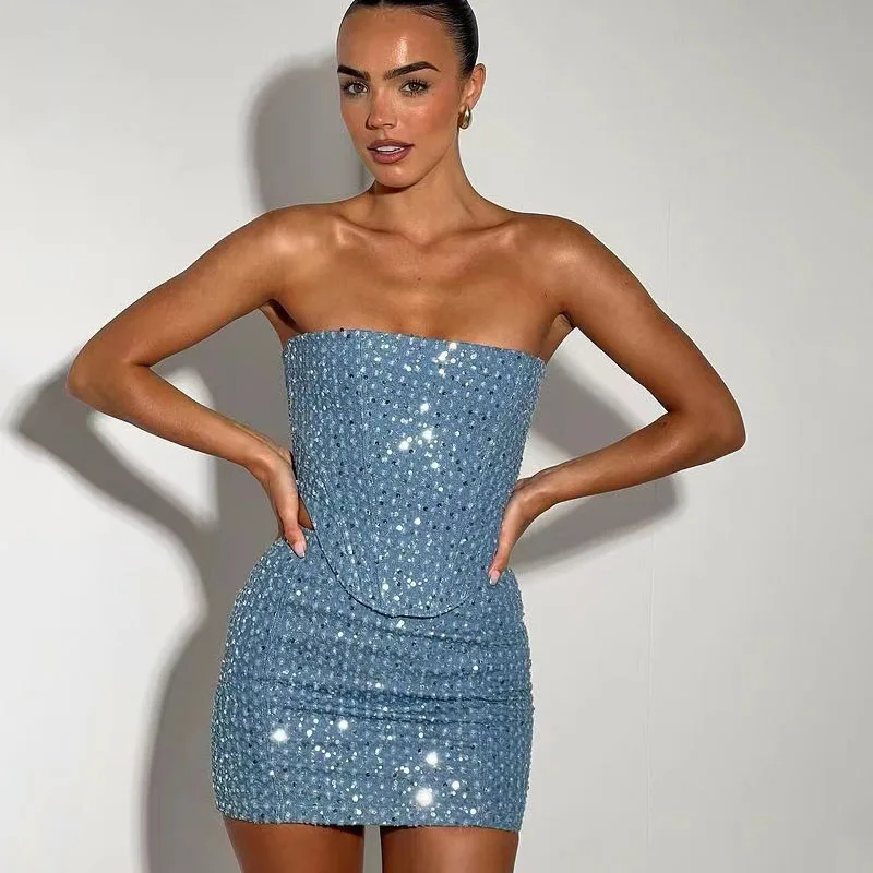 

Fashion Women's Denim Suit Sequin Strapless Short Skirt Set 2024 New European American Sexy Trend Women's Clothing Spring Summer