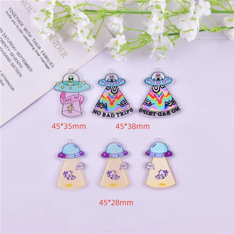 10pcs/set Mix Style Cow UFO Spaceship Acrylic Charms Pendant Jewelry Making Craft DIY