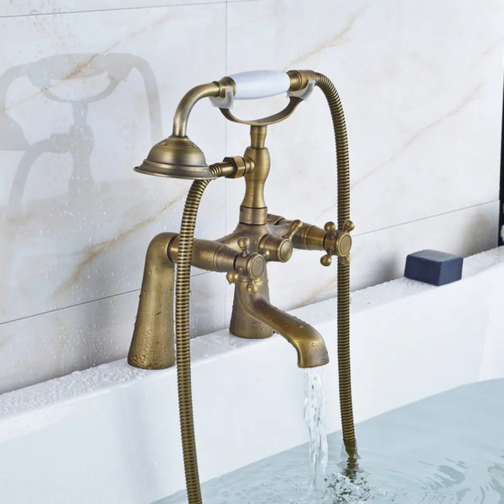 Antique Brass Dual Cross Handles Deck Mounted Bathroom Bath Claw foot Tub Faucet Mixer Tap / Filler With Hand Shower aan023