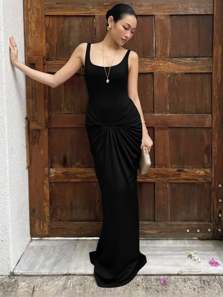 Oniflyme-Vestido largo liso sin mangas para mujer, vestido elegante con cuello en U y Espalda descubierta, vestidos ceñidos fruncidos drapeados, ropa de fiesta de noche Sexy