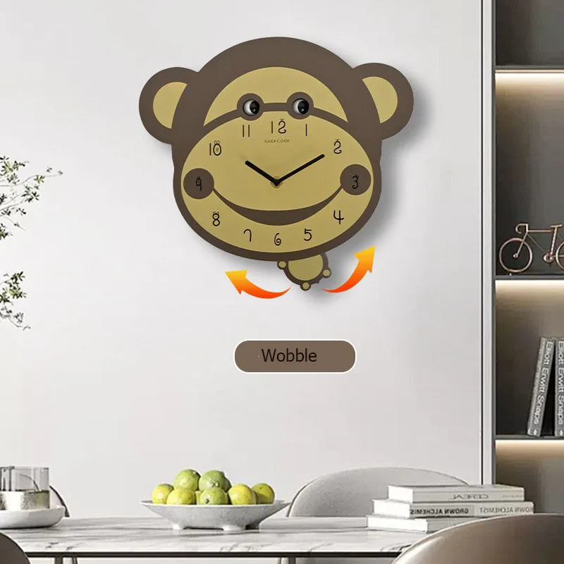 Lovely Monkey with Moving Eyes Wall Clock Personalized Creative Decorative Home Study Bedroom Living Room Cute Wood Silent Clock