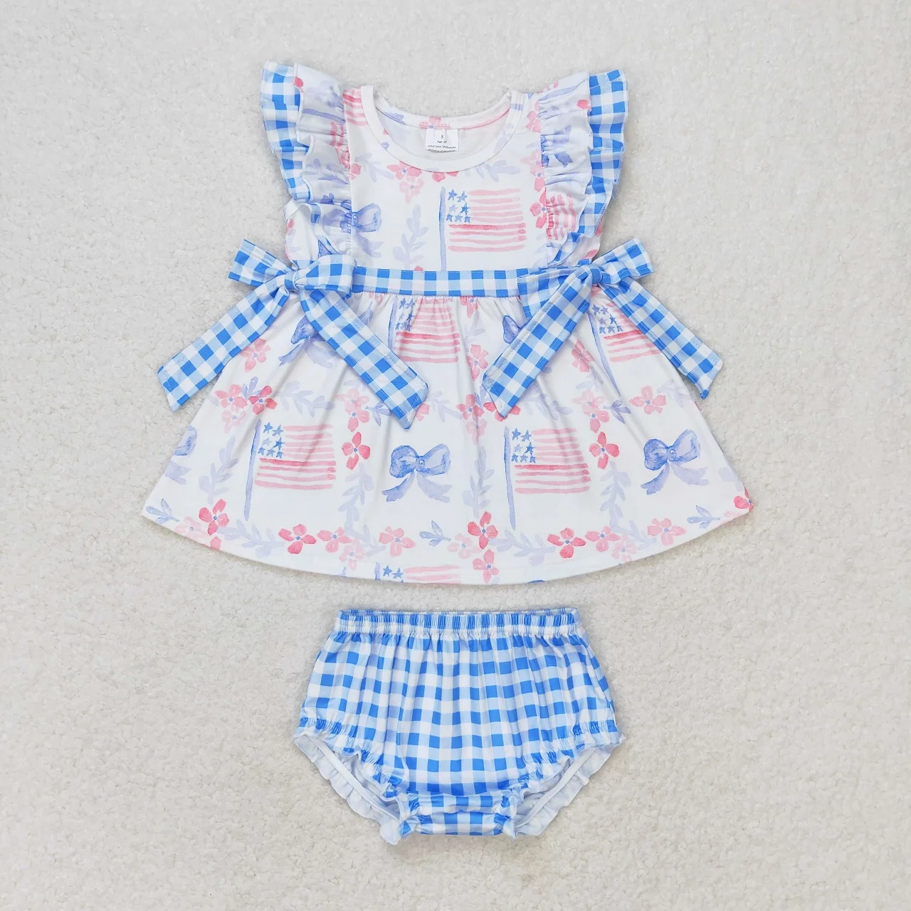 

Wholesale Children July 4th Short Sleeves Flags Flower Tops Blue Plaid Bummie Shorts Summer Baby Girl Toddler Set Kids Outfit