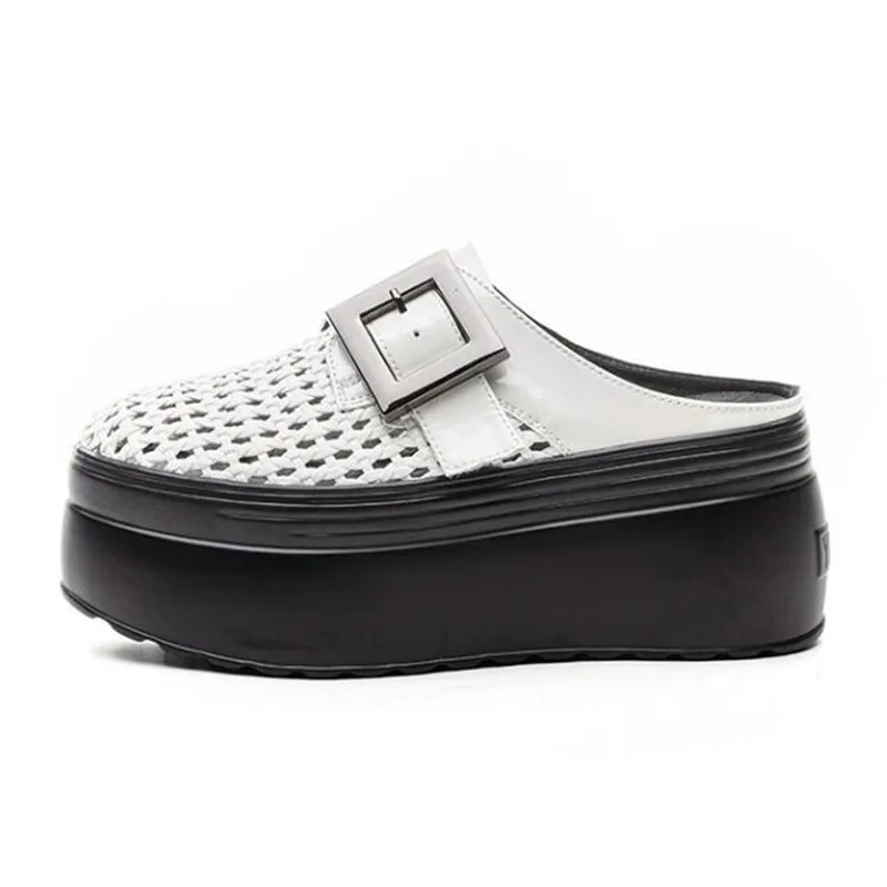 New Women Summer Woven Leather Mule Slippers Breathable Hollow Out Slip-On Shoes with Non-slip Rubber Sole for Casual Sandals