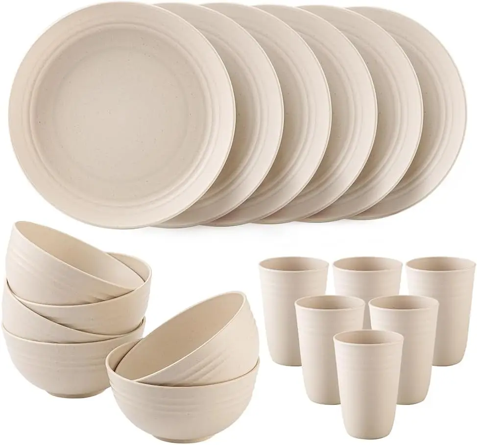 

18PCS Wheat Straw Dinnerware Sets Unbreakable Dinnerware Set Lightweight Dish Set Cups Plates and Bowls Set Microwave