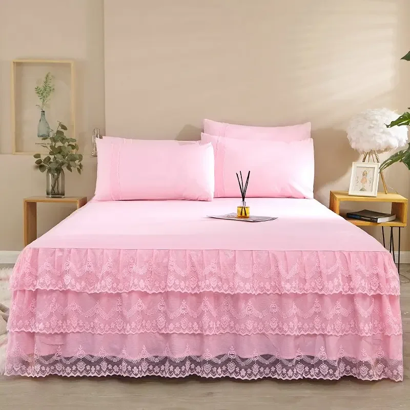 Lace Bed Skirt Solid Color Bedspread Sheet Microfiber 3PCS Bed Sheet Set 1pc Elastic Wrap Around Bedskirt with 2pcs Pillowcases