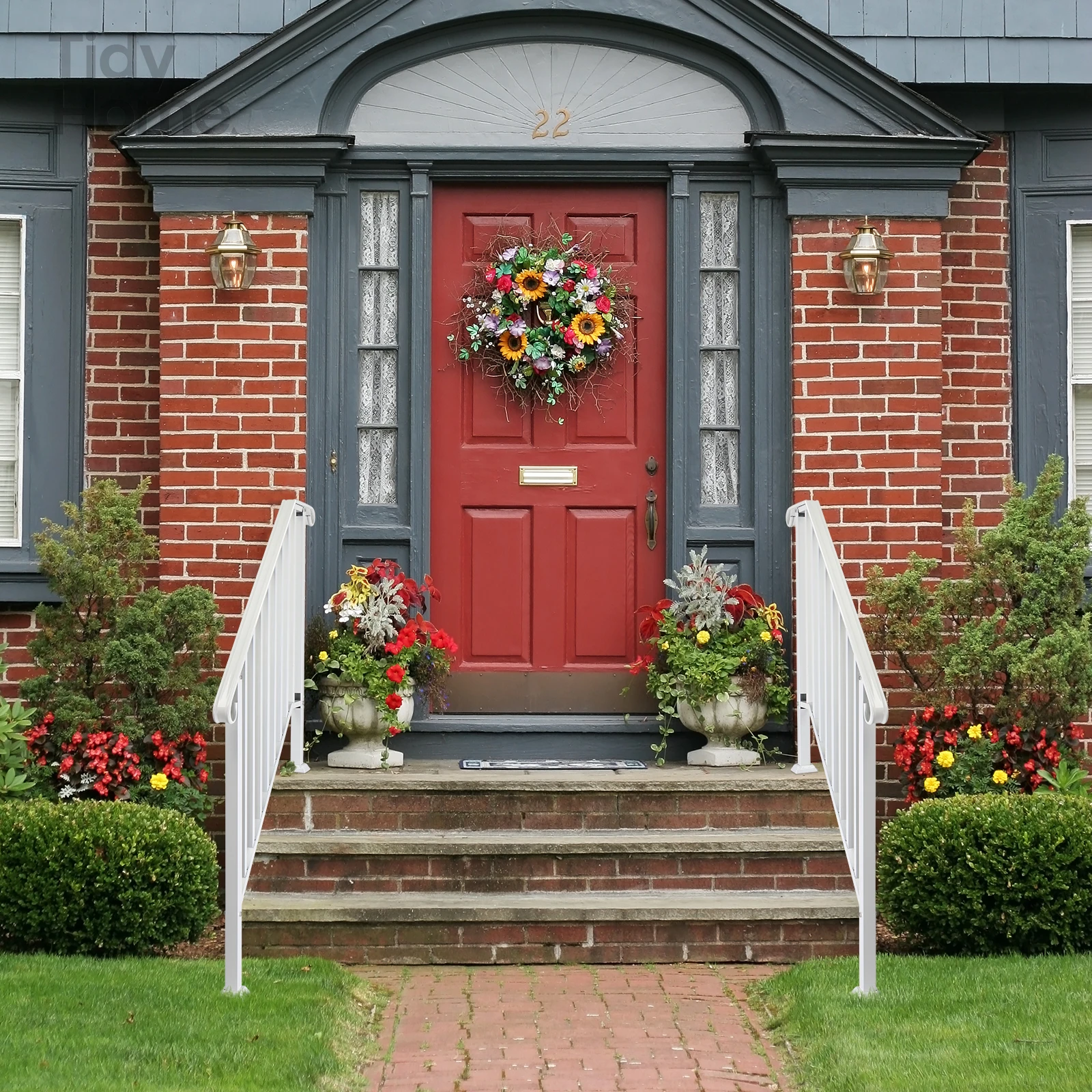 Handrails for Outdoor Steps, Iron Handrail Fits 3 Step, Transitional Handrail with Installation Kit, White