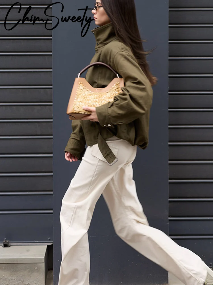 

Винтажная зеленая женская куртка с уличными лацканами и длинными рукавами-фонариками, карманом на поясе, женская верхняя одежда, осень 2024, женская уличная одежда, новинка