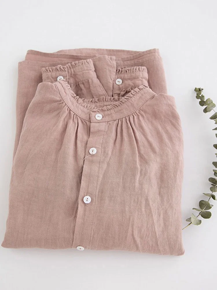 Los Katoen Linnen Lange Sve irt Opstaande Kraag Button up Pure Kleur Pendelen Sle Dames Faion Loose Fit Linnen irt