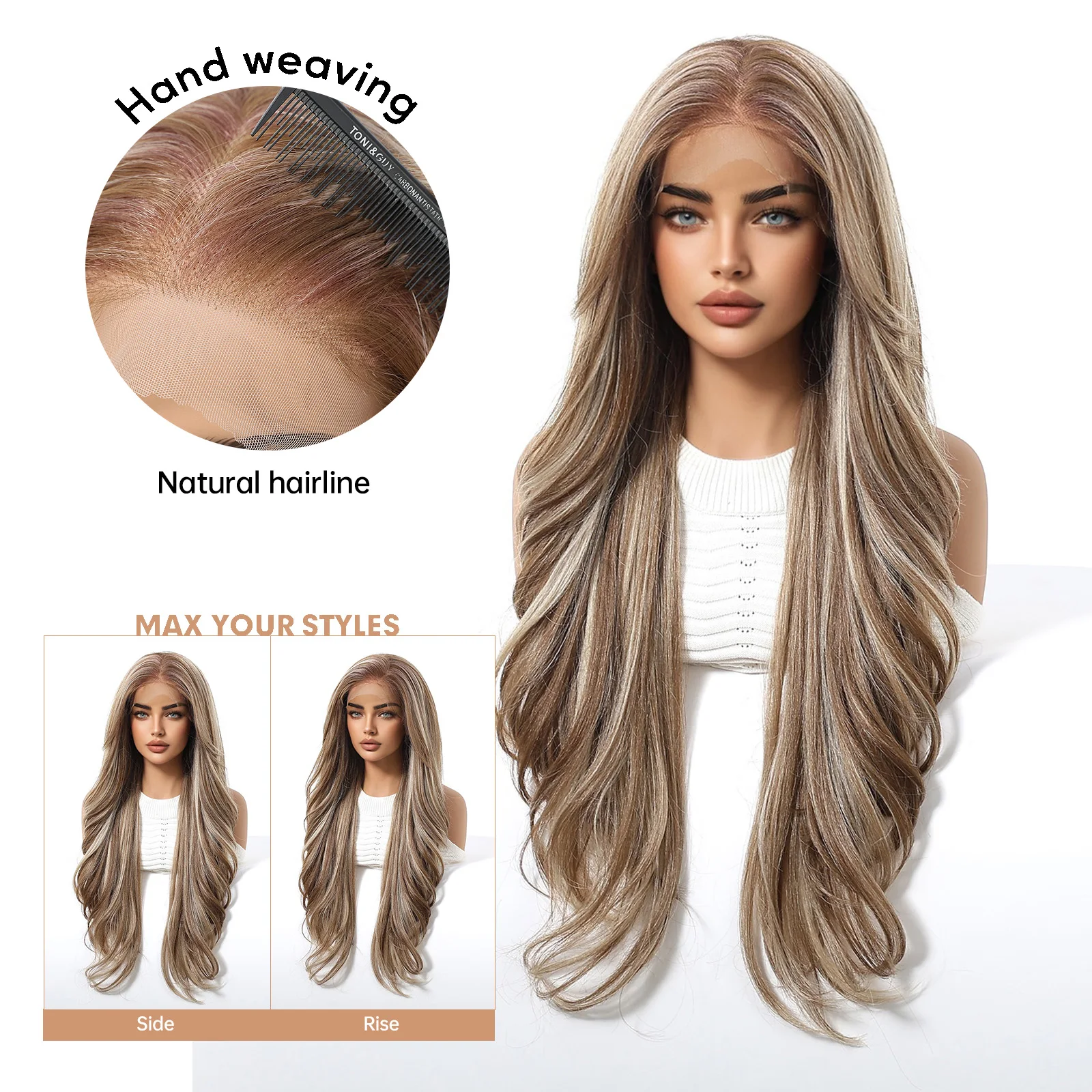 28 Inch Long Wavy Brown Highlight Wigs for Women Synthetic Lace Front Wigs Premium Synthetic Hair for Party Daily Use Cosplay