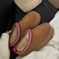 Botas cómodas de cuero y lana para invierno, zapatillas con plataforma, chanclas de piel, botas clásicas para mujer