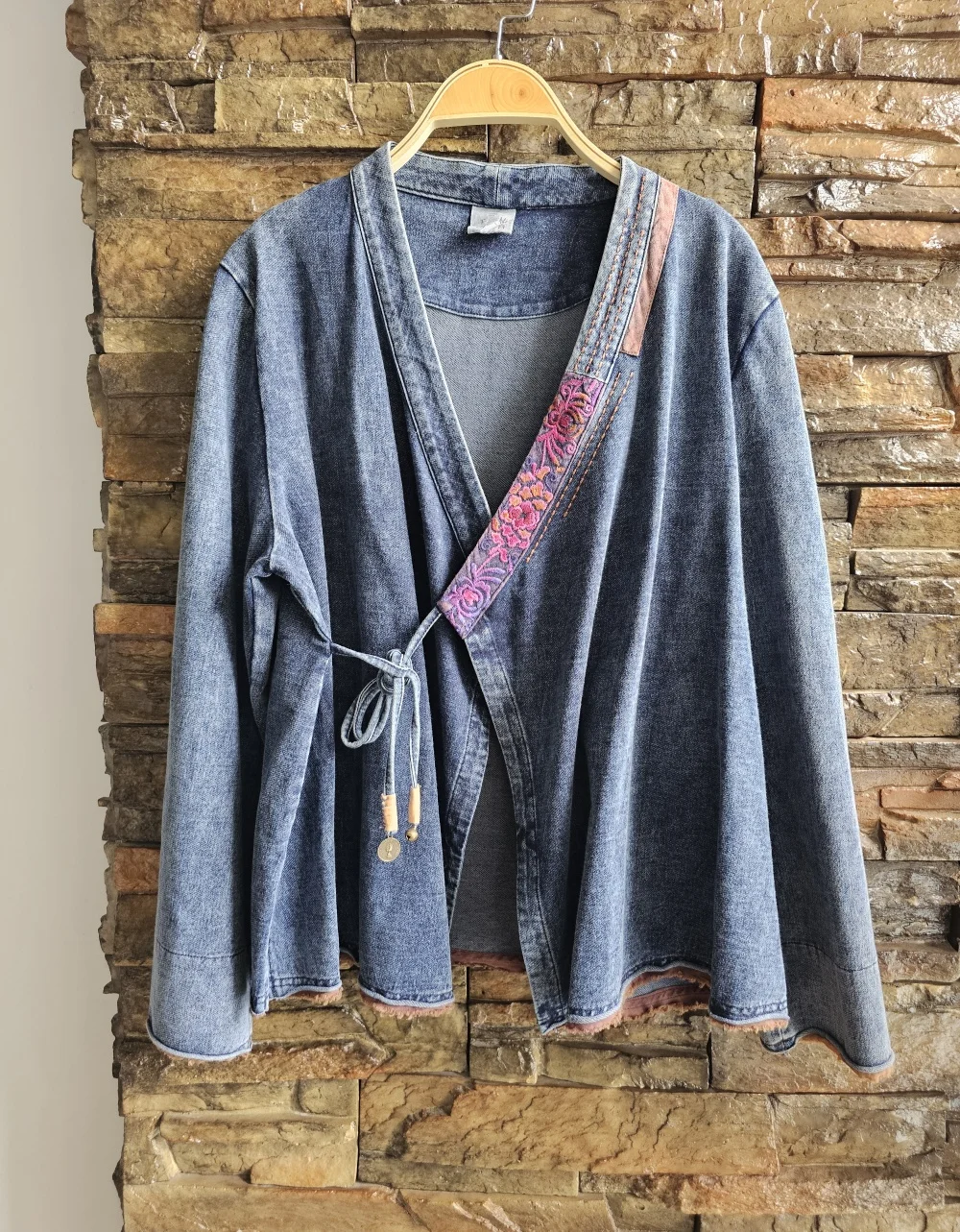 Vintage woman clothing Blue V-neck open stitch lace-up denim coats Chinese style embroidery loose cotton linen casual Spring top