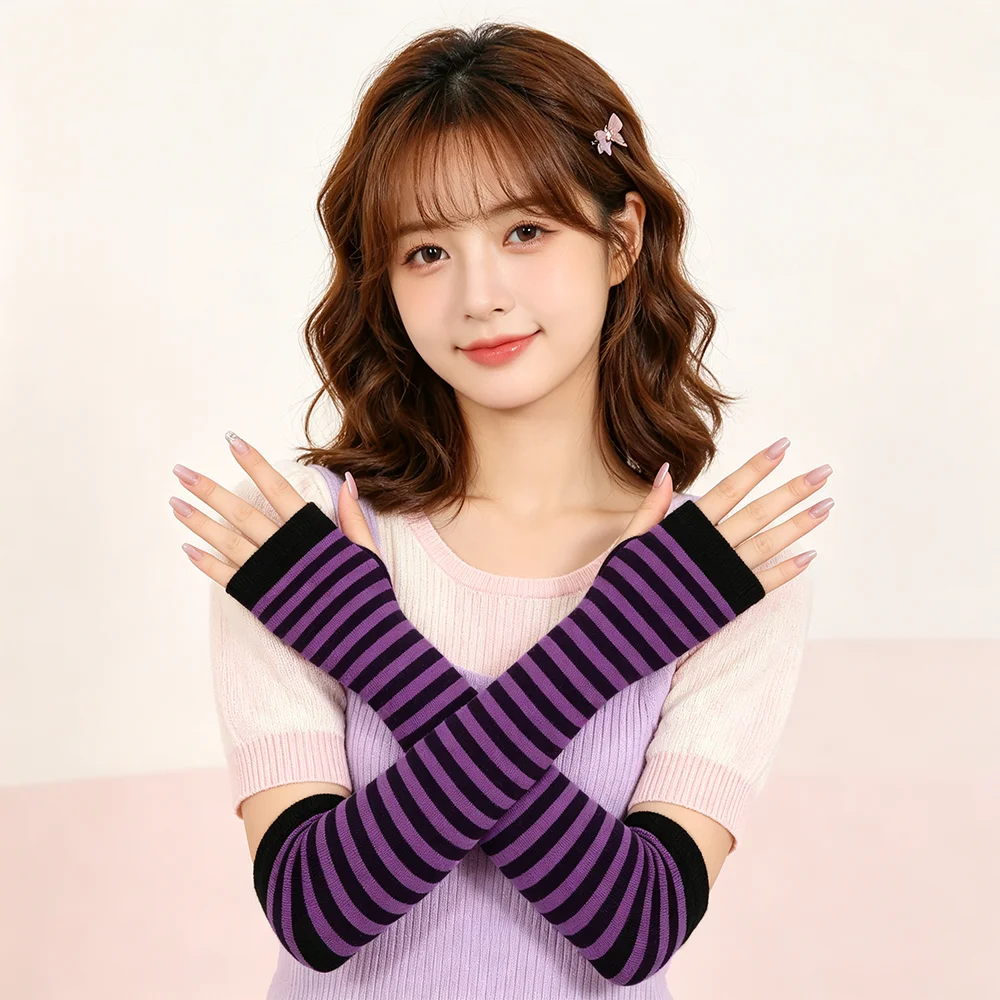 Y2K Mädchen Niedliche Modische Lange Elastische Gestreifte Strick-Armstulpen Fingerlose Handschuhe Damen Cosplay Wärmer Handgelenkband Ellbogenschutz