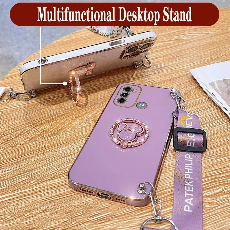 Creative Cute Cartoon Holder Lanyard Plating Phone Case For Motorola Moto G60 G30 G60S G32 G53 G42 G52 G72 G73 G22 G20 G50 Cover