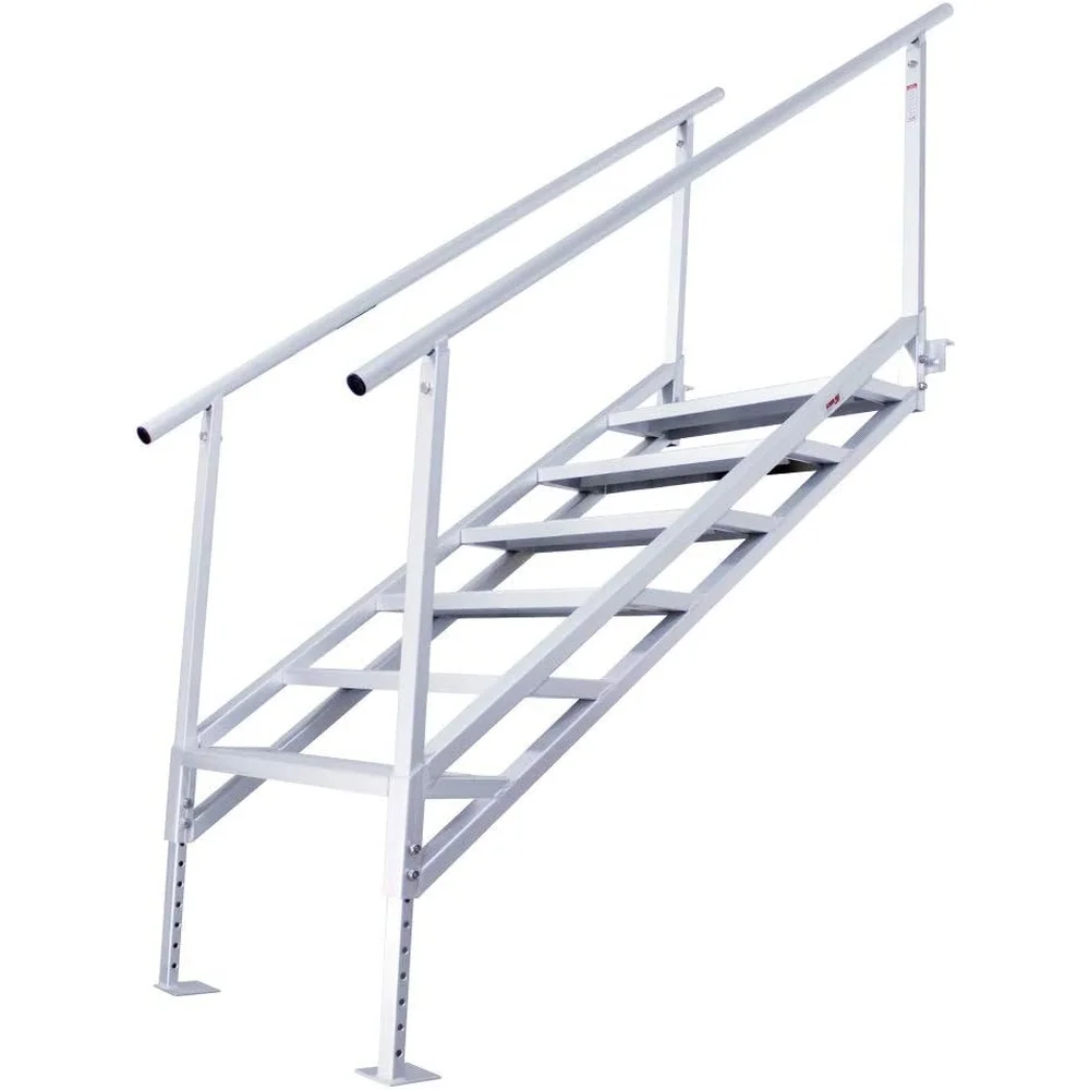 3005.4281 Jumbo Tread Aluminum Dock Stairs with Railing 6 Step Adjustable Legs Durable 500lb Capacity Traction Strips Stable