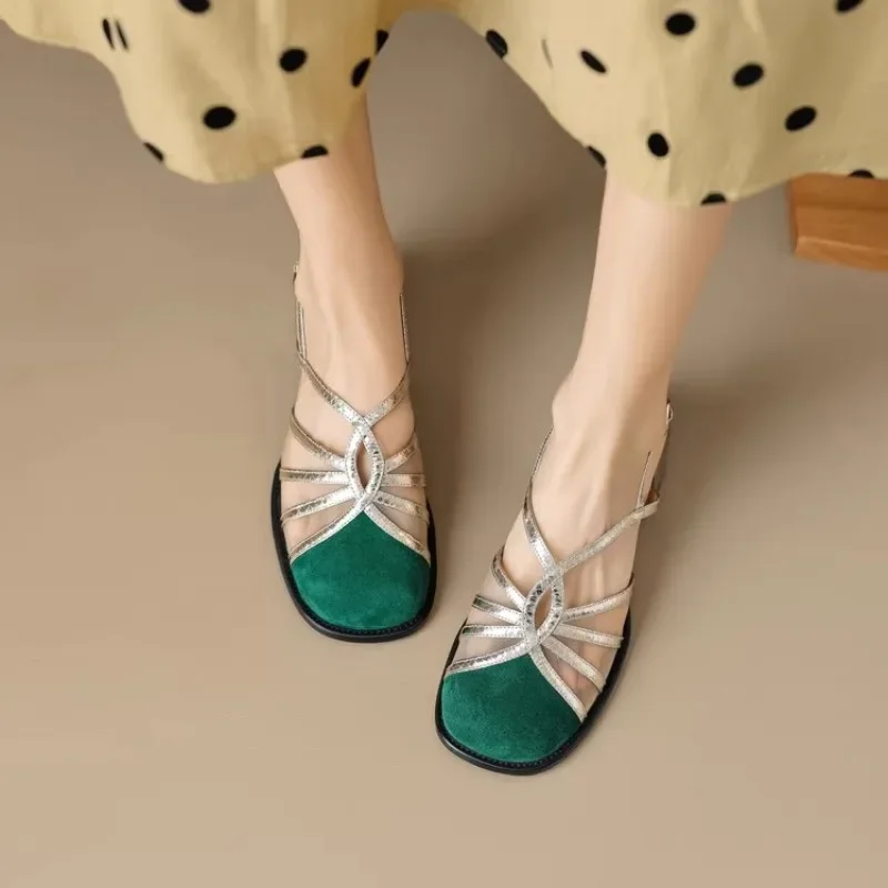 2026Hot Seller New Matching Color Round Head Sandals for Women Thin Belt Braided One Line Buckle Thick Heel Bun Head Roman Shoes