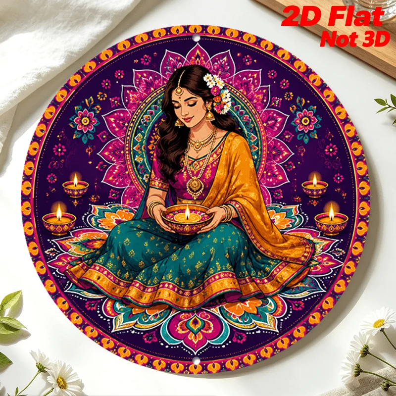 CIFBUY Retro Happy Diwali Indian Woman Oil Lamp Aluminum Wall Art Waterproof Wearproof Home Yard Room Decor Gift