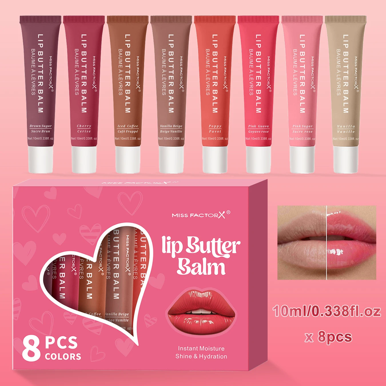 8 Colors Hydrating Butter Lip Gloss Set, High Moisturizing & Long Lasting, Shiny Finish, Daily Makeup, Ideal Holiday Gift