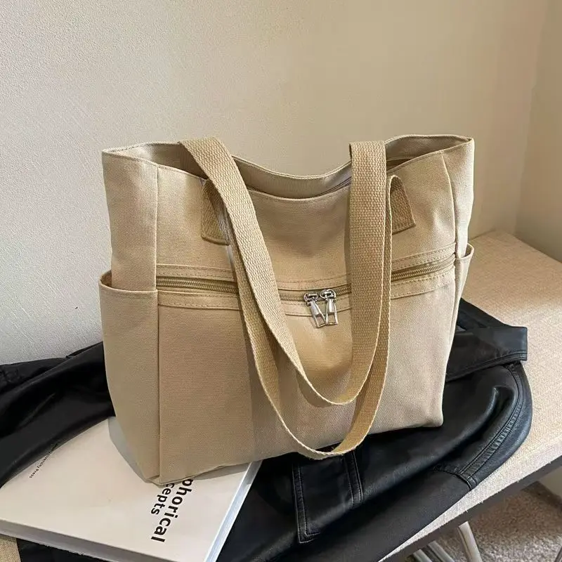 Custom Logo Canvas Tote Bag Large Capacity Front Zipper Pocket Shoulder Handbag Women Daily Commute Shopping Promotion Bag