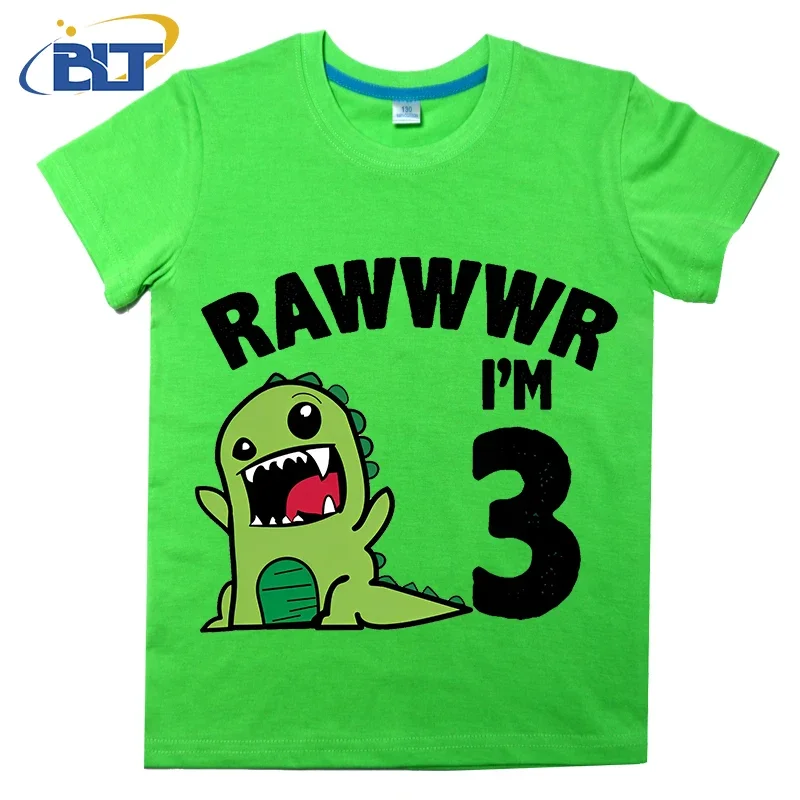 Childish I'm 3 dengan dinosaurus lucu anak-anak T-shirt Musim Panas anak-anak katun lengan pendek hadiah ulang tahun anak laki-laki perempuan