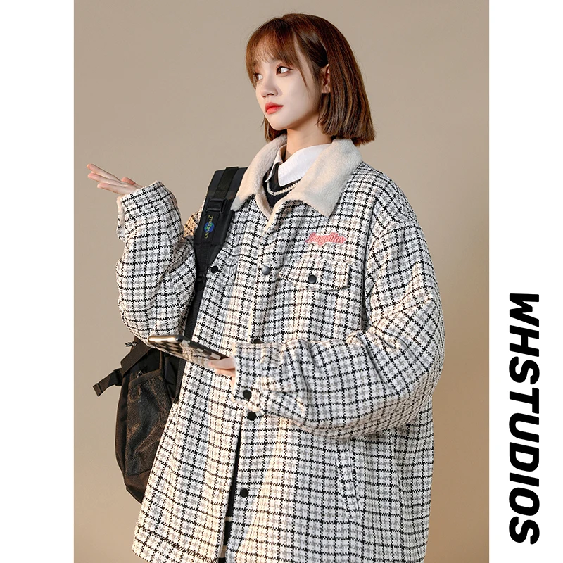 Women\'s Plaid Parka Jacket Overcoat Warm Long Sleeve Down Jackets Vintage Harajuku Korean Padded Jacket Winter 2000s 90s Clothes