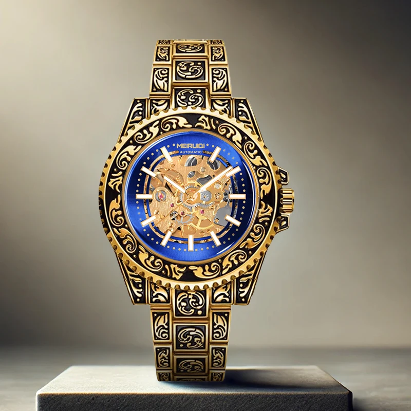 

Мужские желто-синие элегантные часы в повседневном стиле с резным турбийоном, полностью автоматические, механические.