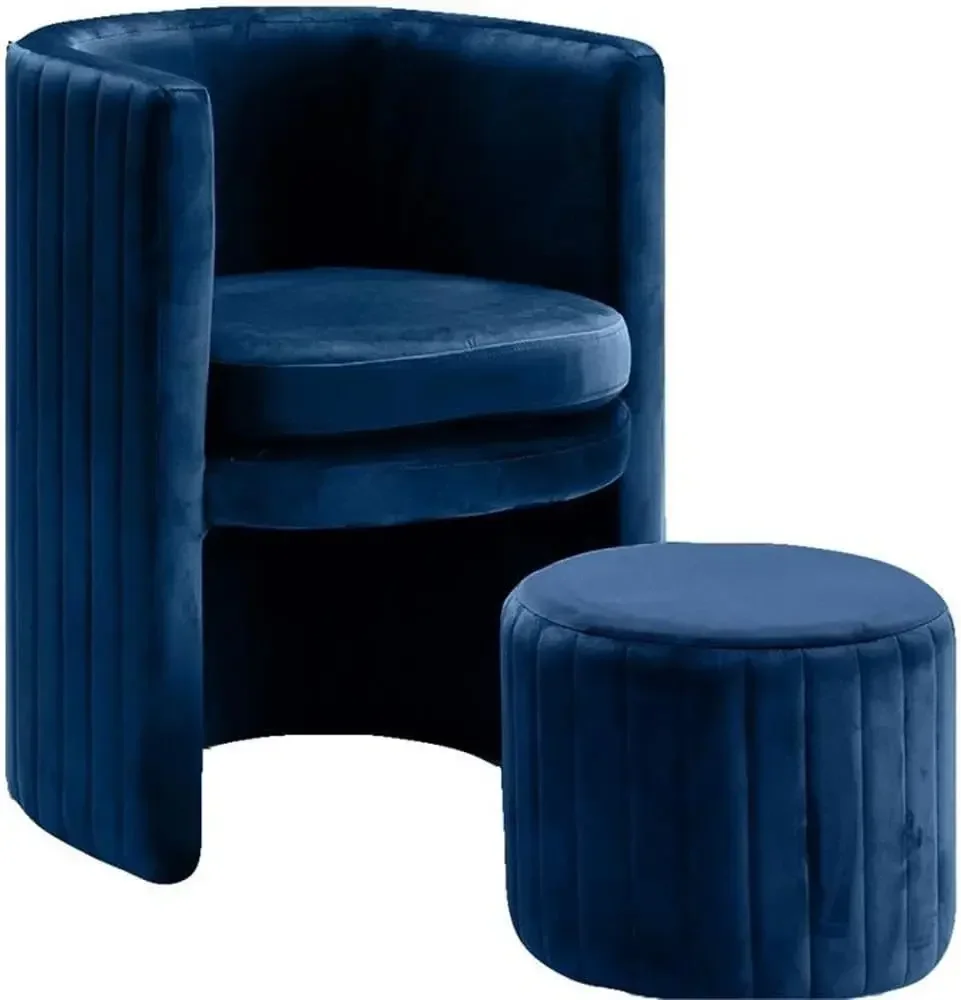 Navy Contemporary Velvet Upholstered Accent Chair and Ottoman Set with Deep Channel Tufting, Navy, 25