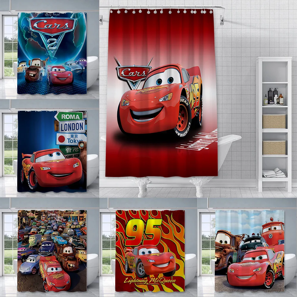 ม่านอาบน้ำ Lightning Mcqueen ม่านกันน้ำทำจากผ้าโพลีเอสเตอร์สีสันสดใสม่านตกแต่งห้องน้ำพร้อมตะขอ