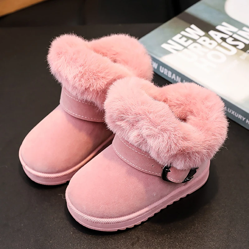 

Faux Fur Winter Boots For Girls Thick Warm Children's Plush Boots PU Leather Teenager Girl's Snow Boots Casual Boy's Cotton Shoe
