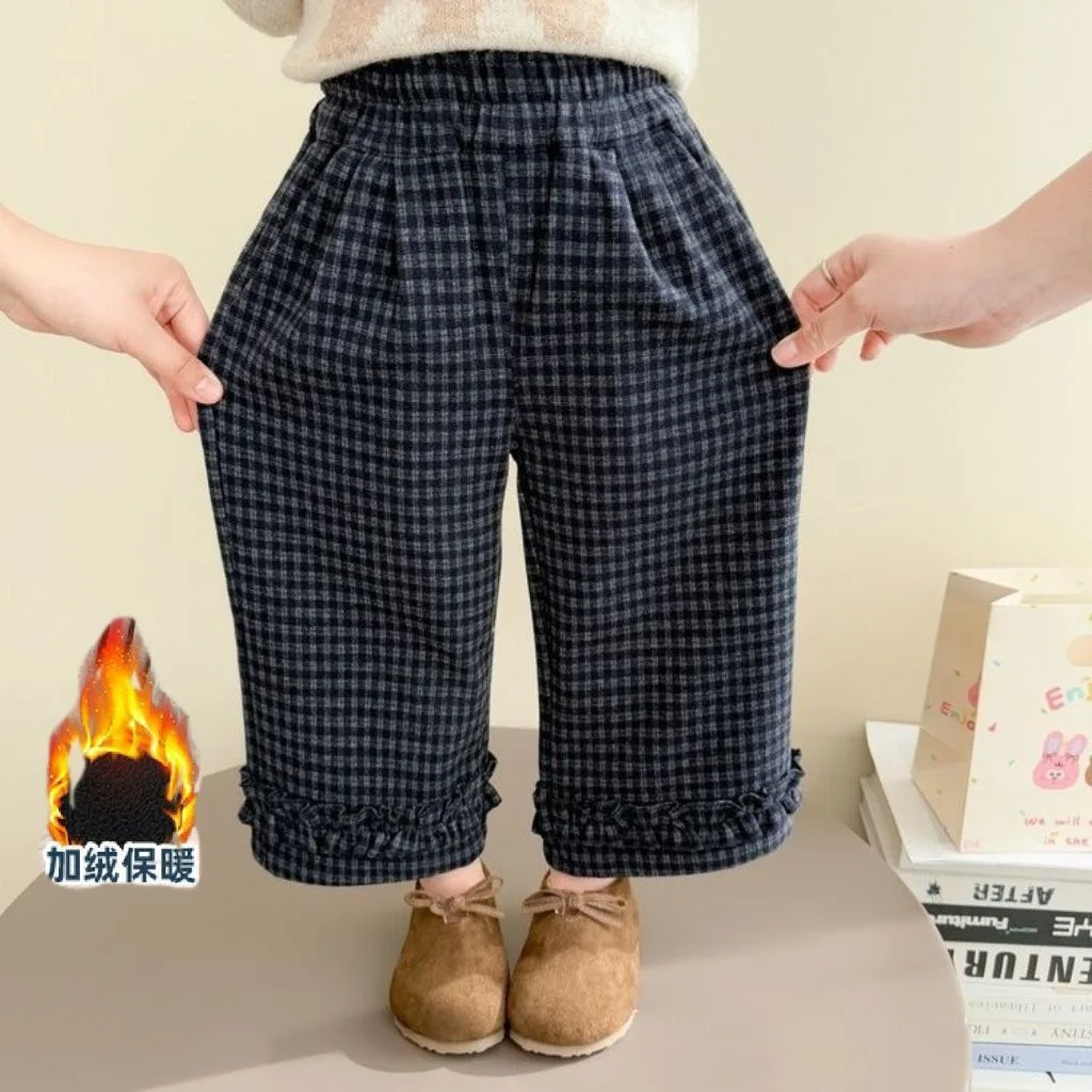 Girls' Winter Casual Pants Baby Foreign Style Children's Korean Version Plaid Lace Velvet Thickened Wide-leg Pants