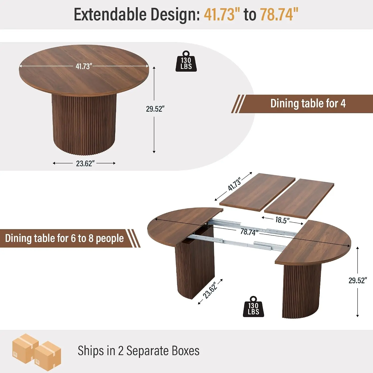 41 in-78 in Extendable Dining Room Table for 4-8, Round Expandable Kitchen Table with Fluted Base, Modern Farmhouse, Customized
