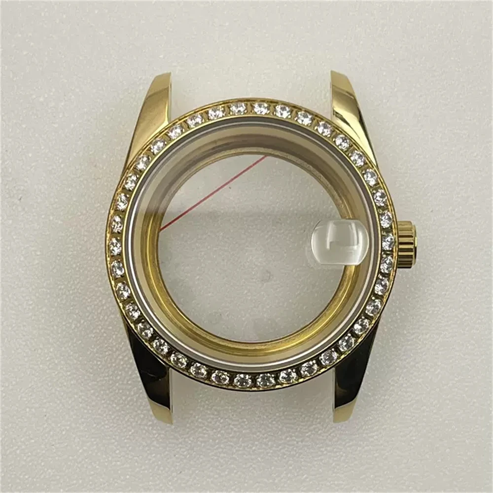 Cassa in acciaio inossidabile NH35 da 36 mm, cassa dell'orologio in vetro zaffiro con lunetta con strass alla moda adatta al guscio del movimento NH35A NH36 4R35A 4R36A